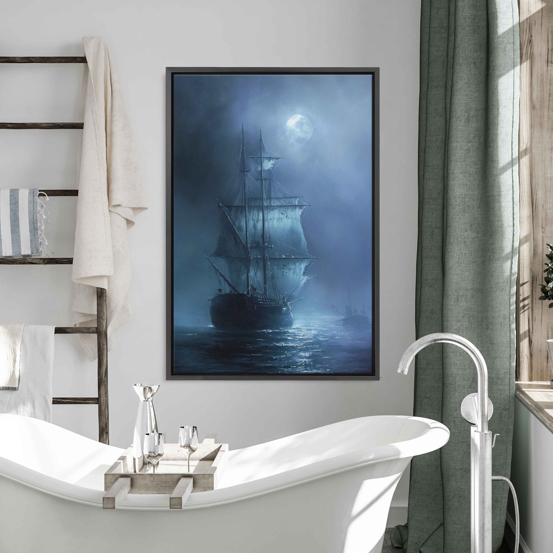 Ghost Ship Under Moonlight Blue Fog Dark Nautical Gothic Wall Art