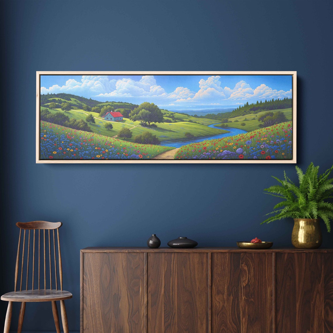 Cozy Cottage In Wildflower Meadow River Valley Panoramic Art Print - Image 2