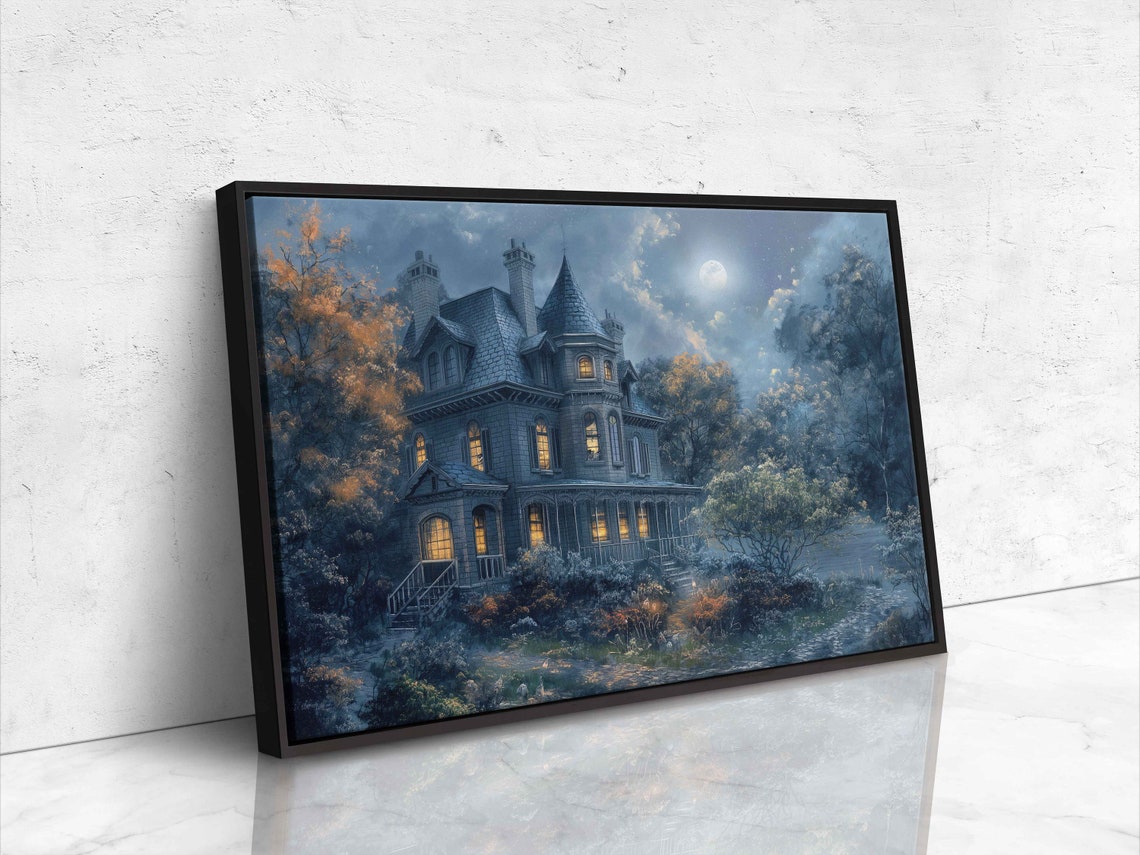 Haunted Mansion Under Full Moon Glowing Windows Night Poster - Image 4