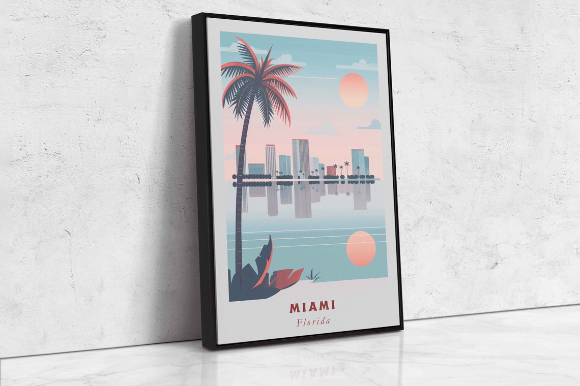 Miami Florida Palm Tree Skyline Over Bay Sunset Travel Poster - Image 2