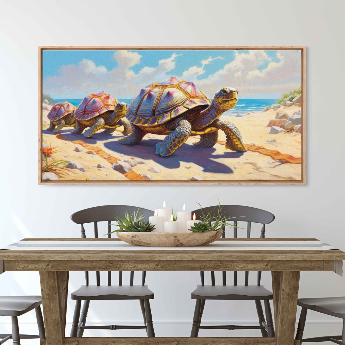 Turtles Walking On Beach Oil Painting Framed Print Ready To Hang - Image 3