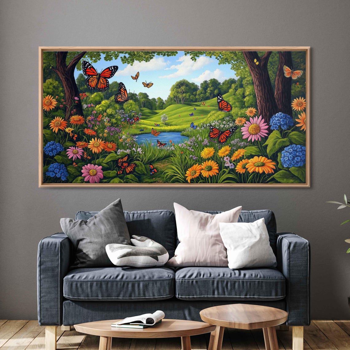 Spring Meadow Butterflies Colorful Flower Pond Vibrant Garden Poster