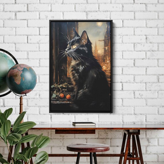 Black Cat Sitting In Windowsill Night City Oil Painting Cat Lover Print