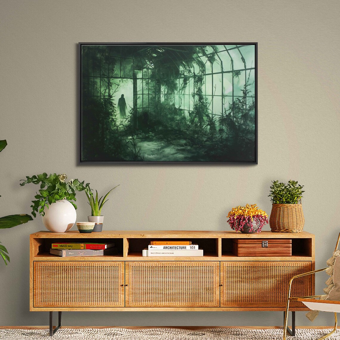 Ghostly Figure In Overgrown Greenhouse Green Fog Dark Botanical Print