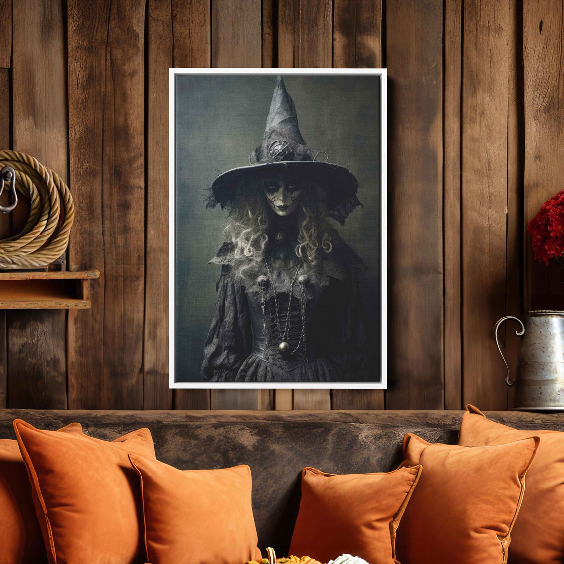 Dark Witch Portrait With Skull Hat Vintage Gothic Halloween Print - Image 4