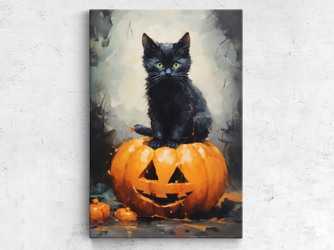 Black Cat On Jack O Lantern Halloween Pumpkin Painterly Cat Print