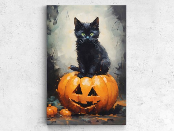 Black Cat On Jack O Lantern Halloween Pumpkin Painterly Cat Print