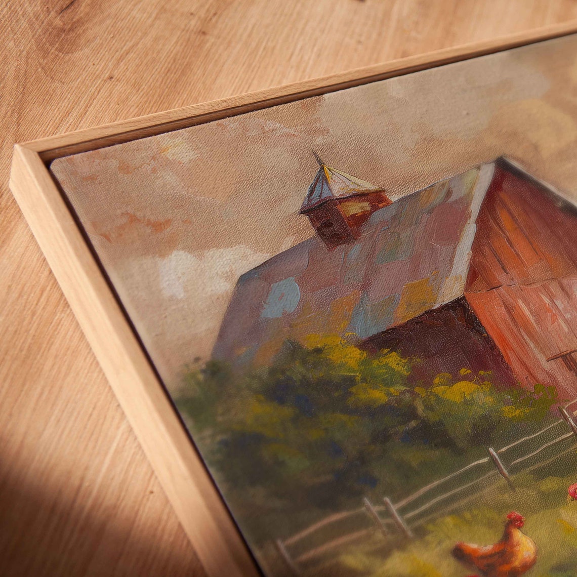 Chickens Roosters Red Barn Golden Field Mountain Backdrop Painting - Image 2