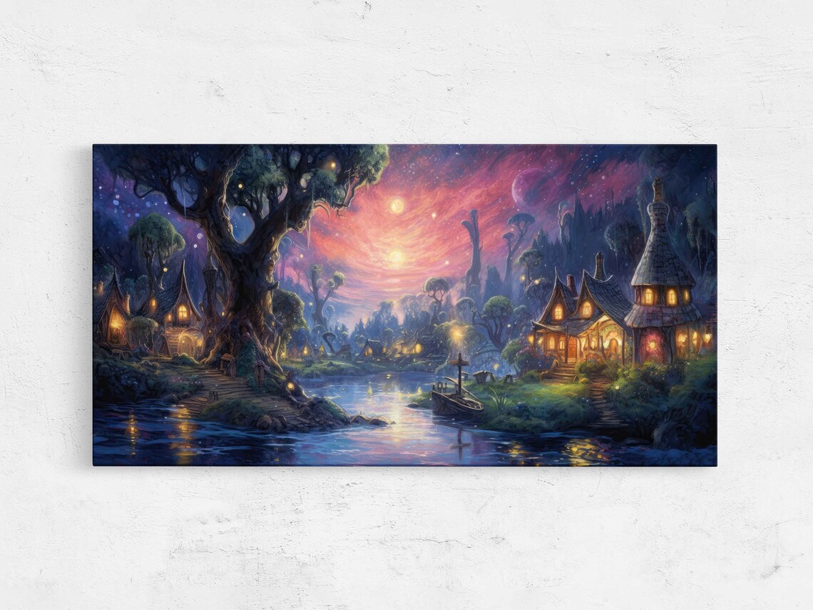 Enchanted Fairy Tale Village River Twilight Fantasy Forest Landscape Print