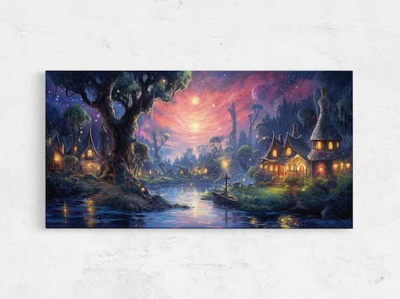 Enchanted Fairy Tale Village River Twilight Fantasy Forest Landscape Print