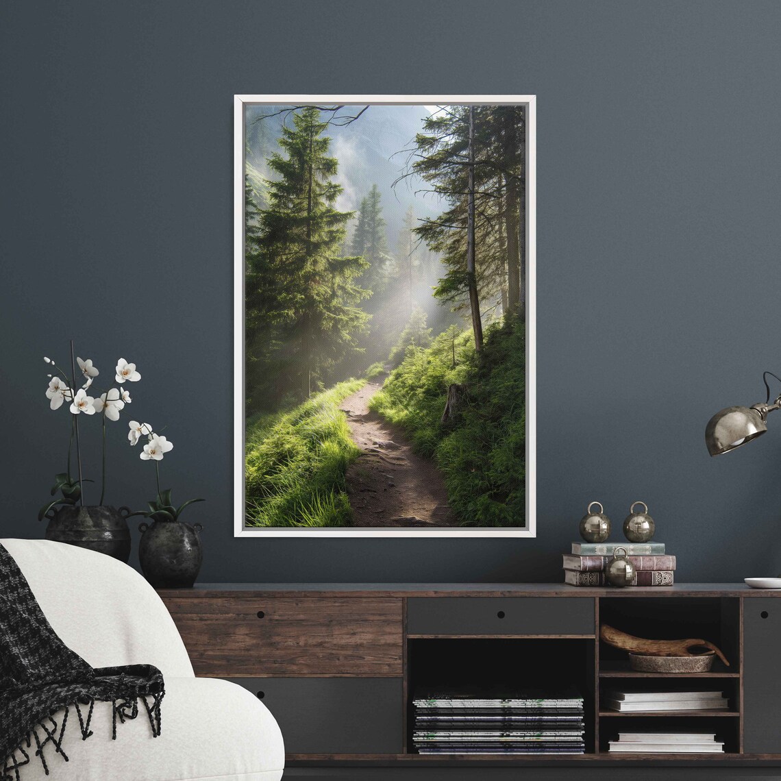 Mountain Path Through Sunlit Misty Forest Wall Art Print Ready To Hang - Image 4