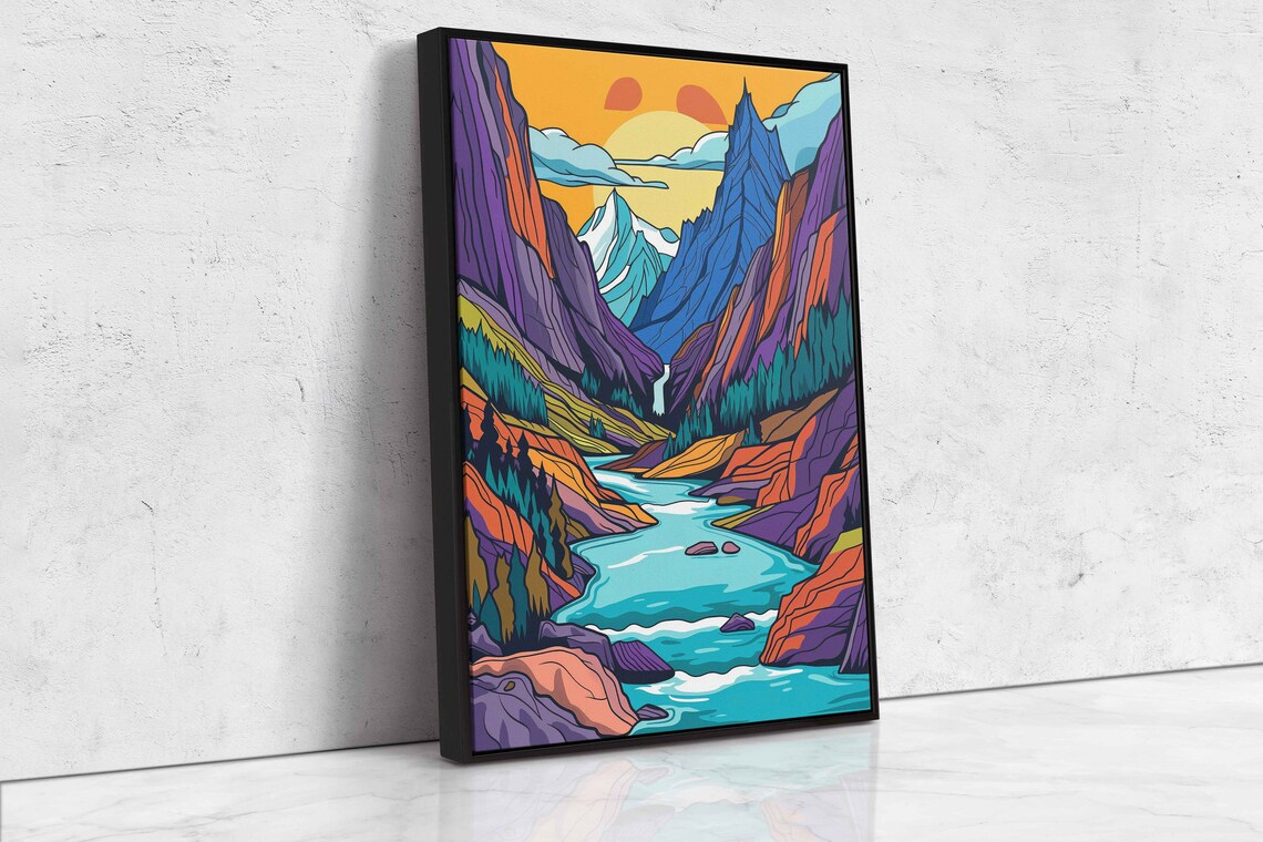 Flowing Rock River Colorful Valley Soothing Sunset Art Framed Print Ready To Hang - Image 4