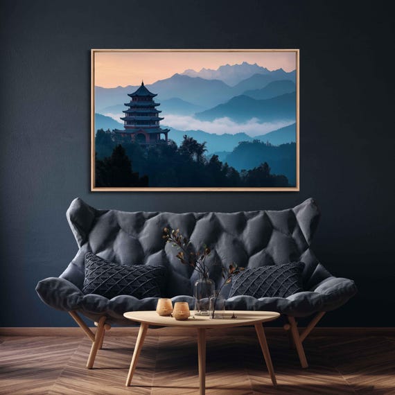 Serene Buddhist Temple At Sunrise Wall Art Print Tranquil Mountains Misty Atmosphere