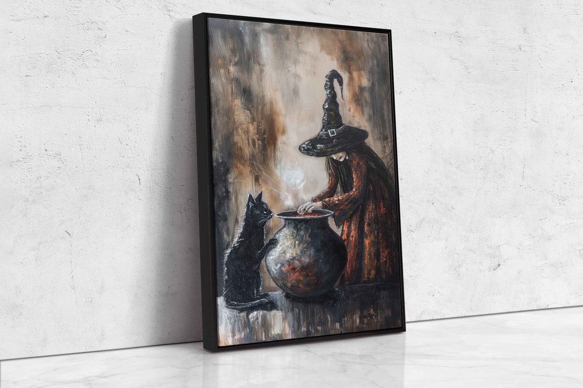 Vintage Witch Cauldron Potion Black Cat Rustic Spooky Halloween Poster - Image 4