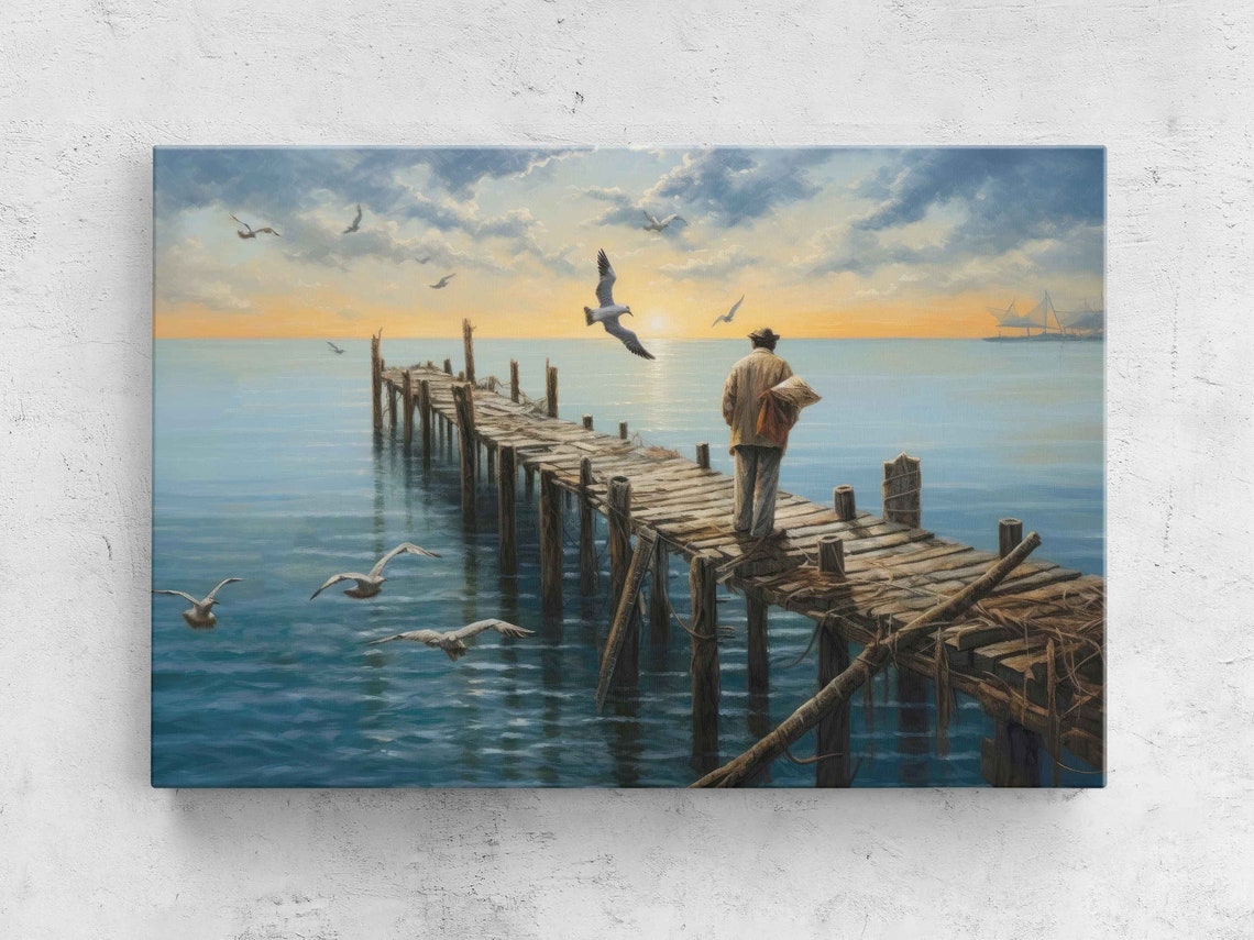 Fisherman On Wooden Dock Sunset Calm Sea Seagulls Painting Art Poster