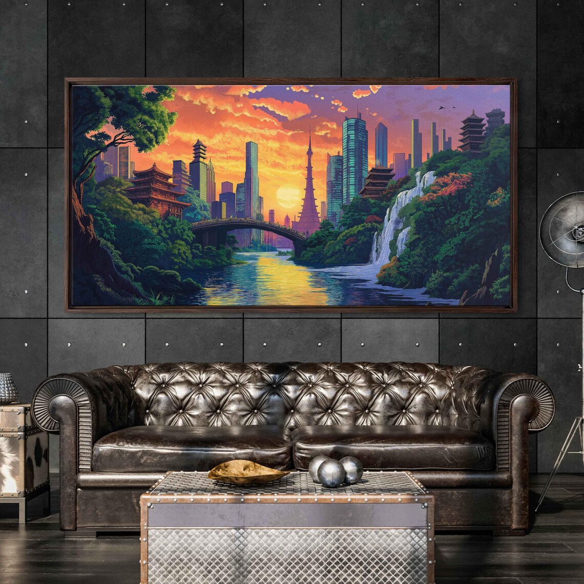Ukiyo E Landscape With Futuristic City Art Print