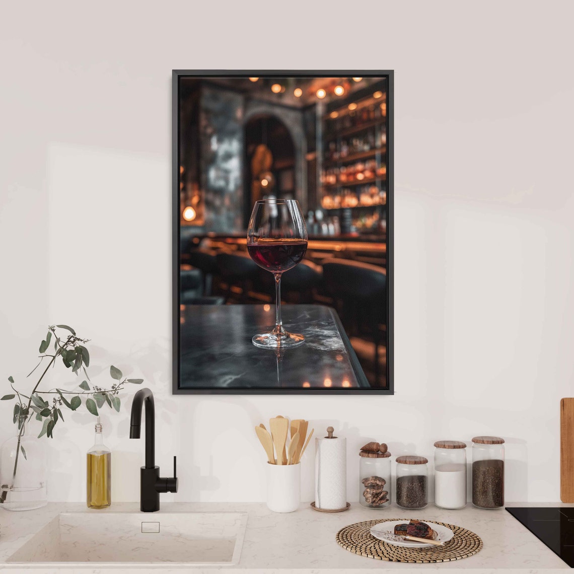 Elegant Red Wine Glass On Bar Moody Ambient Light Photography Poster