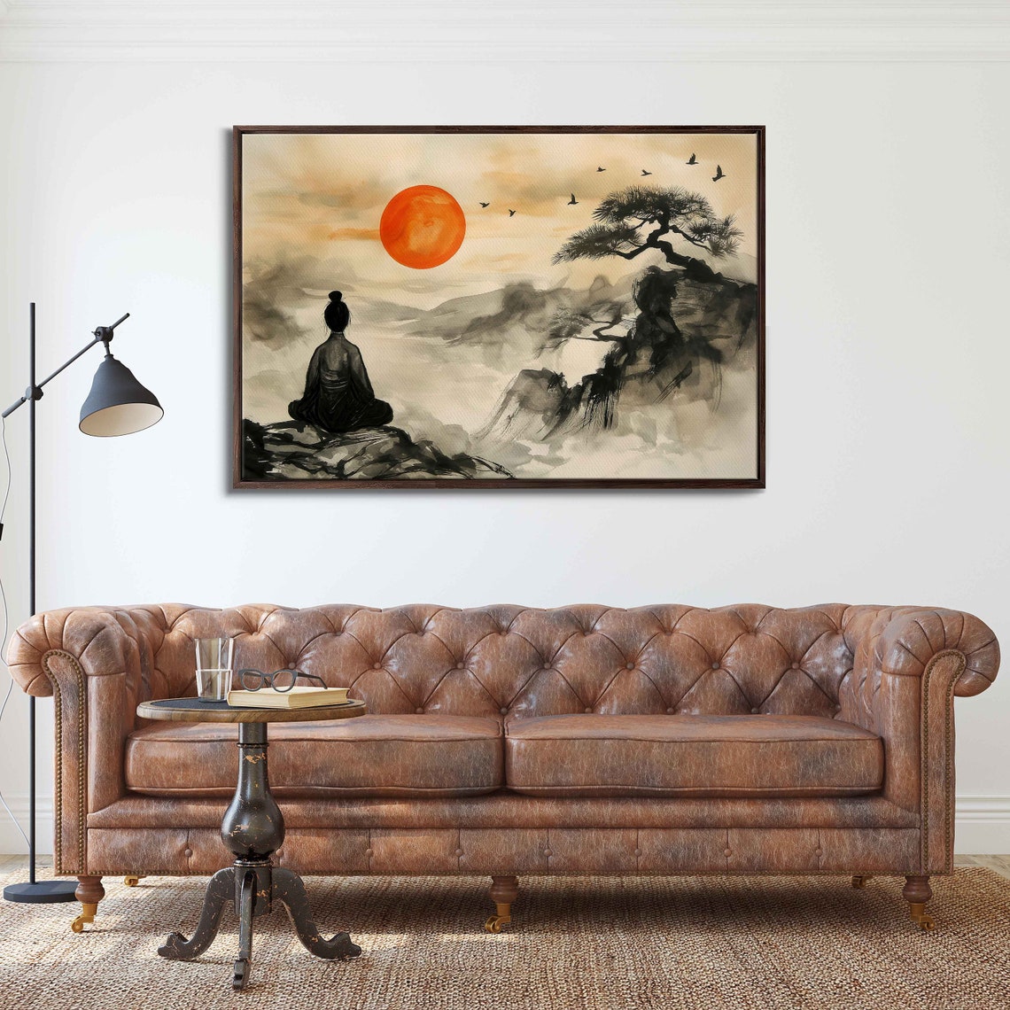Meditation Under Red Sun Japanese Ink Painting Pine Bonsai Poster