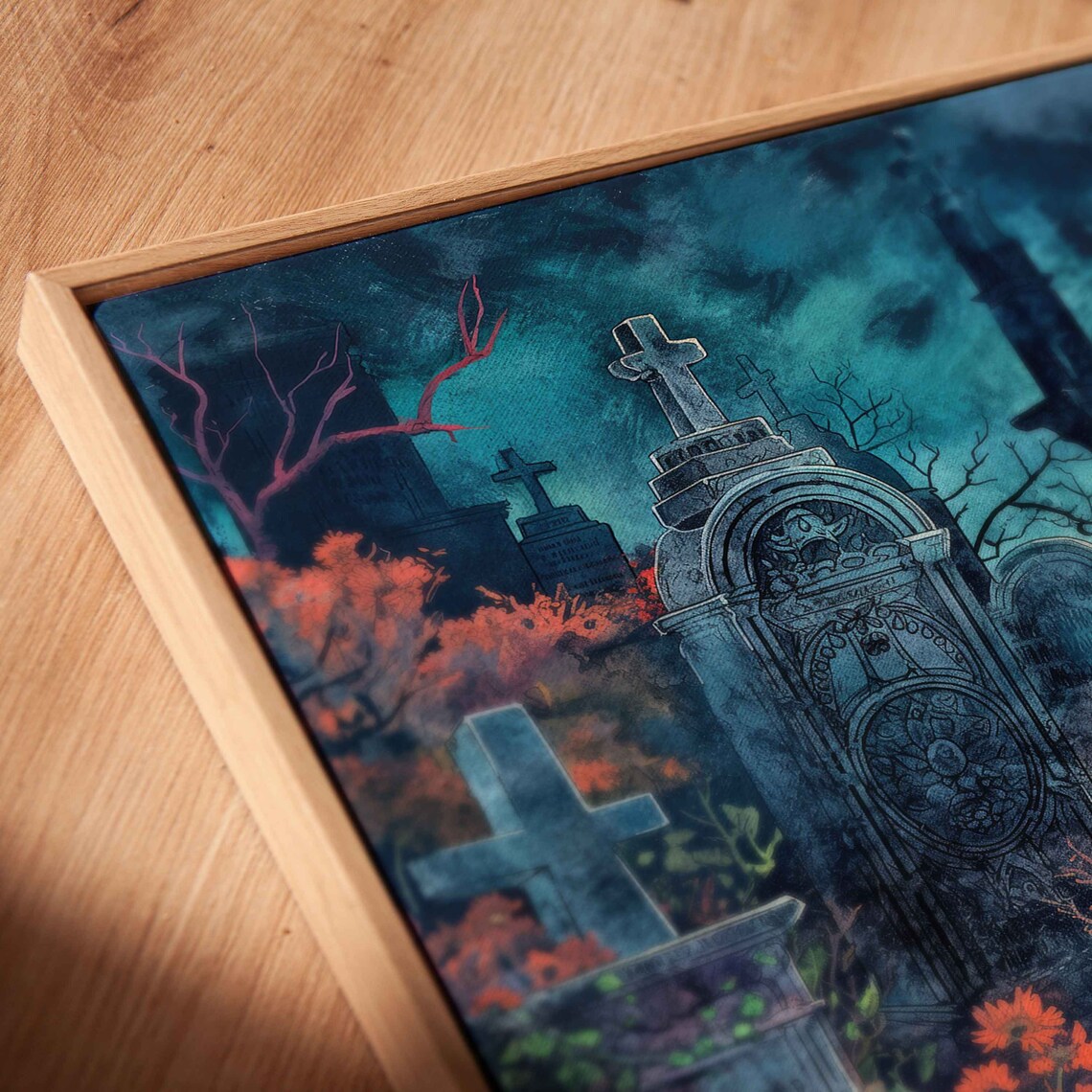 Moonlit Enchanted Graveyard Watercolor Tombstones Night Halloween Print - Image 2