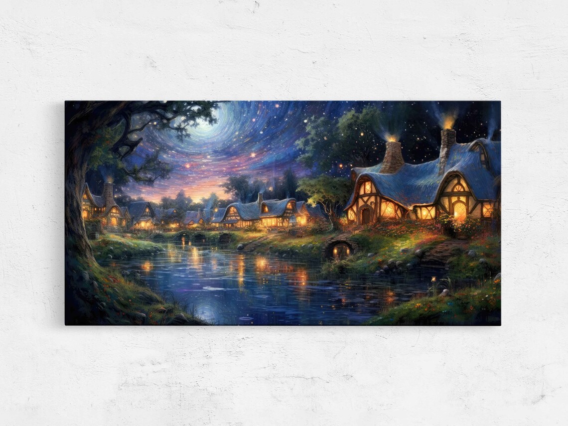Starry Night Cozy Village River Cottages Firefly Lights Fantasy Wall Art Print