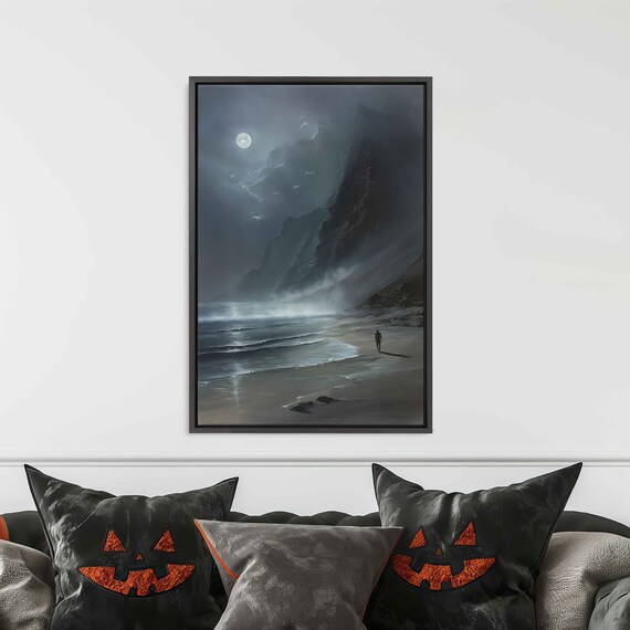 Lone Figure Walking Moonlit Beach Beneath Foggy Night Cliffs Poster