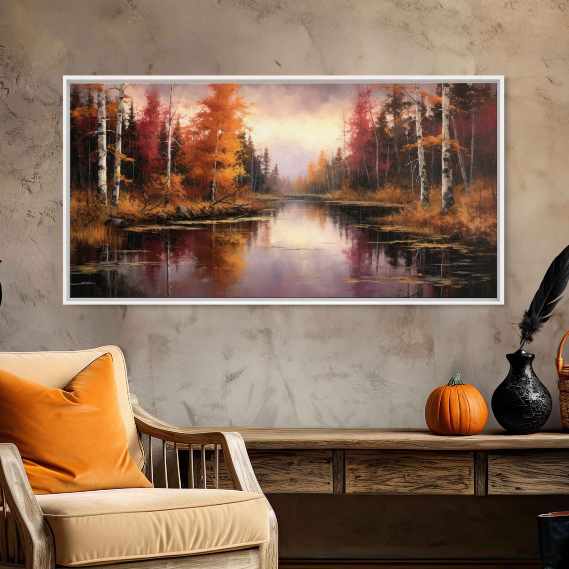 Birch Tree River Autumn Foliage Mirror Water Landscape Painting Poster - Image 2