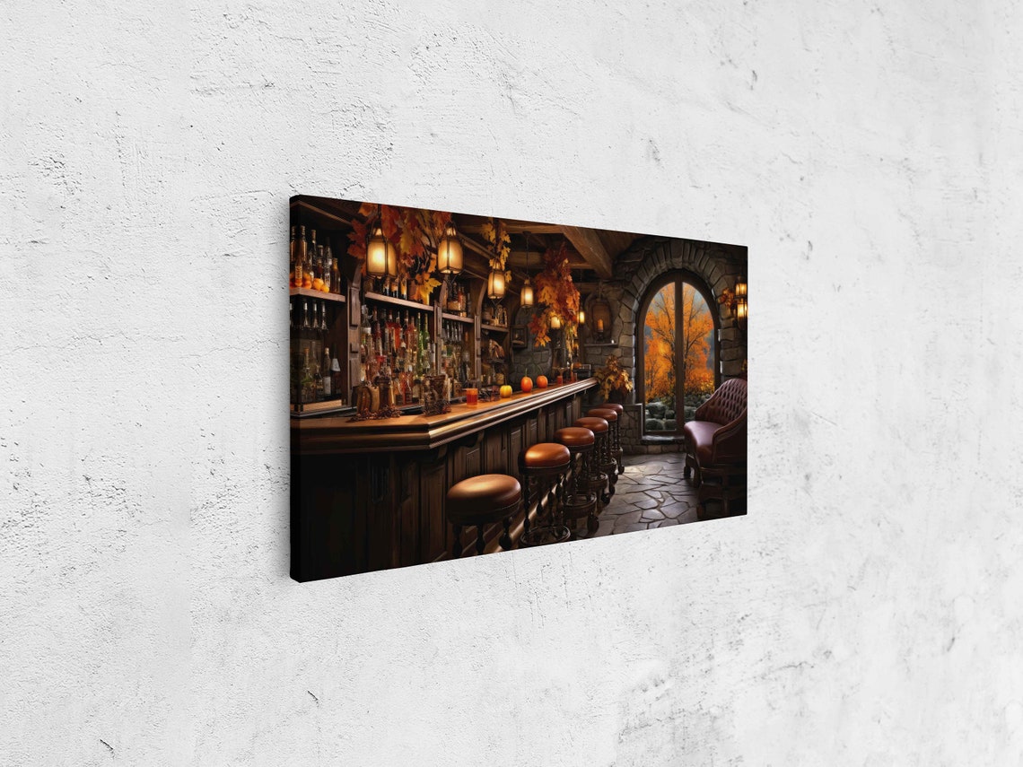Cozy Autumn Pub Bar Interior Stone Arch Window Fall Foliage Art Print - Image 4