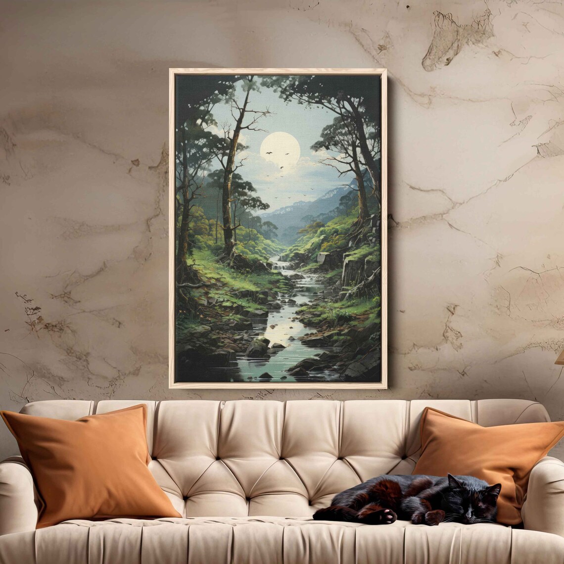 Sunlit Forest Stream Tranquil Nature Painting Framed Print Ready To Hang - Image 3