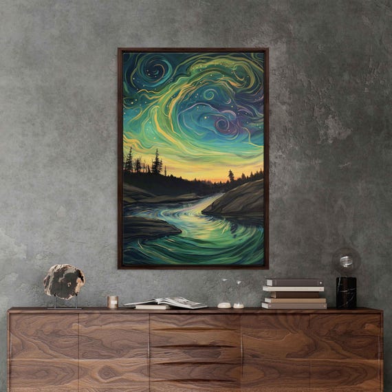 Stunning Northern Lights In Sky Over River Acrylic Wall Art Print Van Gogh Inspired Starry Night Sky Ready To Hang