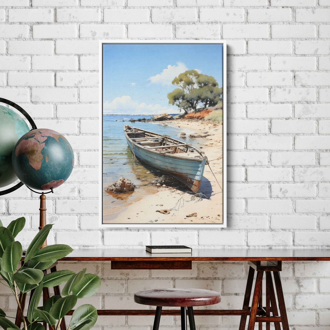 Old Wooden Boat On Sandy Beach Watercolor Coastal Painting Wall Art - Image 2