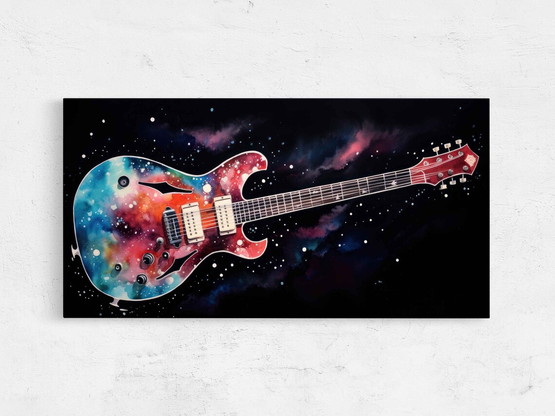 Hollow Body Guitar Galaxy Watercolor Cosmic Music Room Art Print