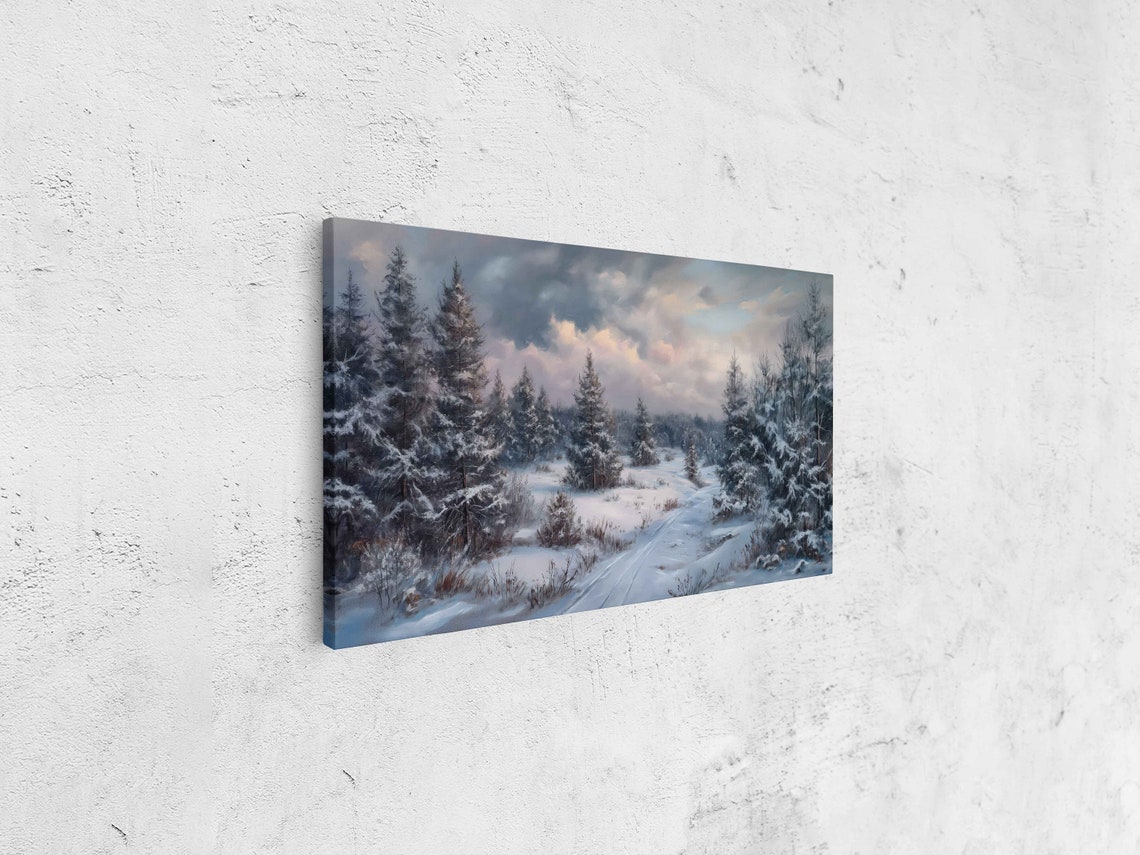 Snowy Winter Forest Path Pine Trees Cloudy Sky Landscape Poster - Image 4