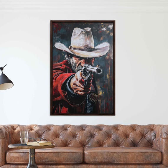 Vintage Cowboy Shooting Revolvers Acrylic Wall Art Print Realistic Painting Western Wall Art Rustic Painting Ready To Hang