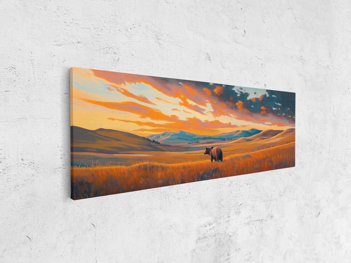Grizzly Bear In Golden Tundra Field Dramatic Sunset Oil Painting Poster - Image 4