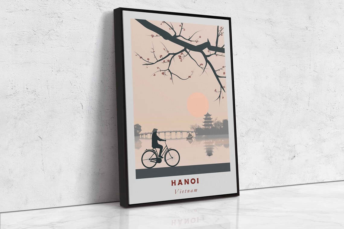Hanoi Vietnam Cyclist Blossom Pagoda Lake Sunset Travel Poster - Image 2