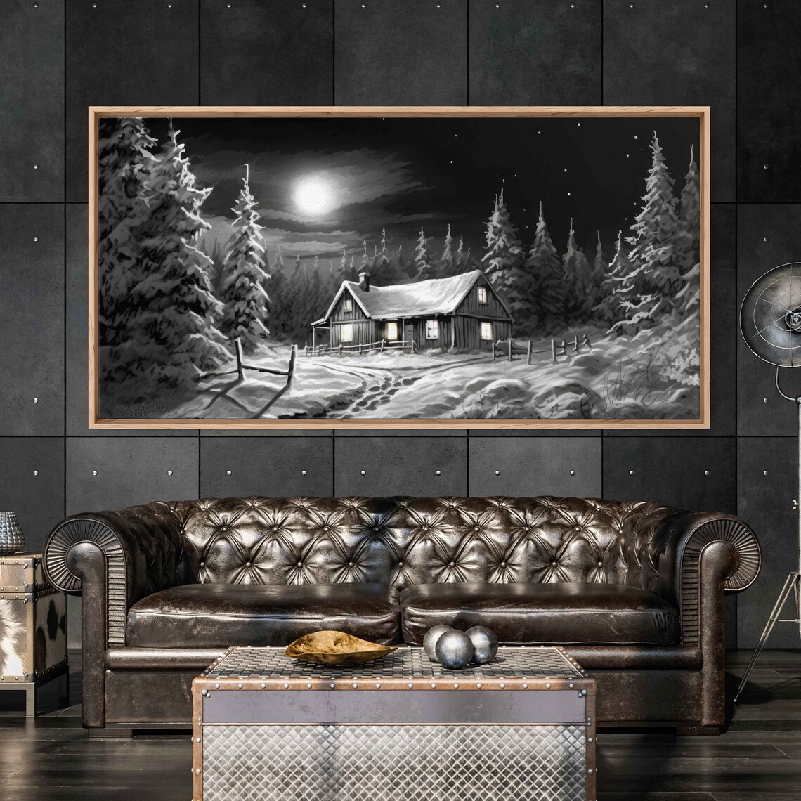 Log Cabin Winter Landscape, Black And White Art Print - Image 3