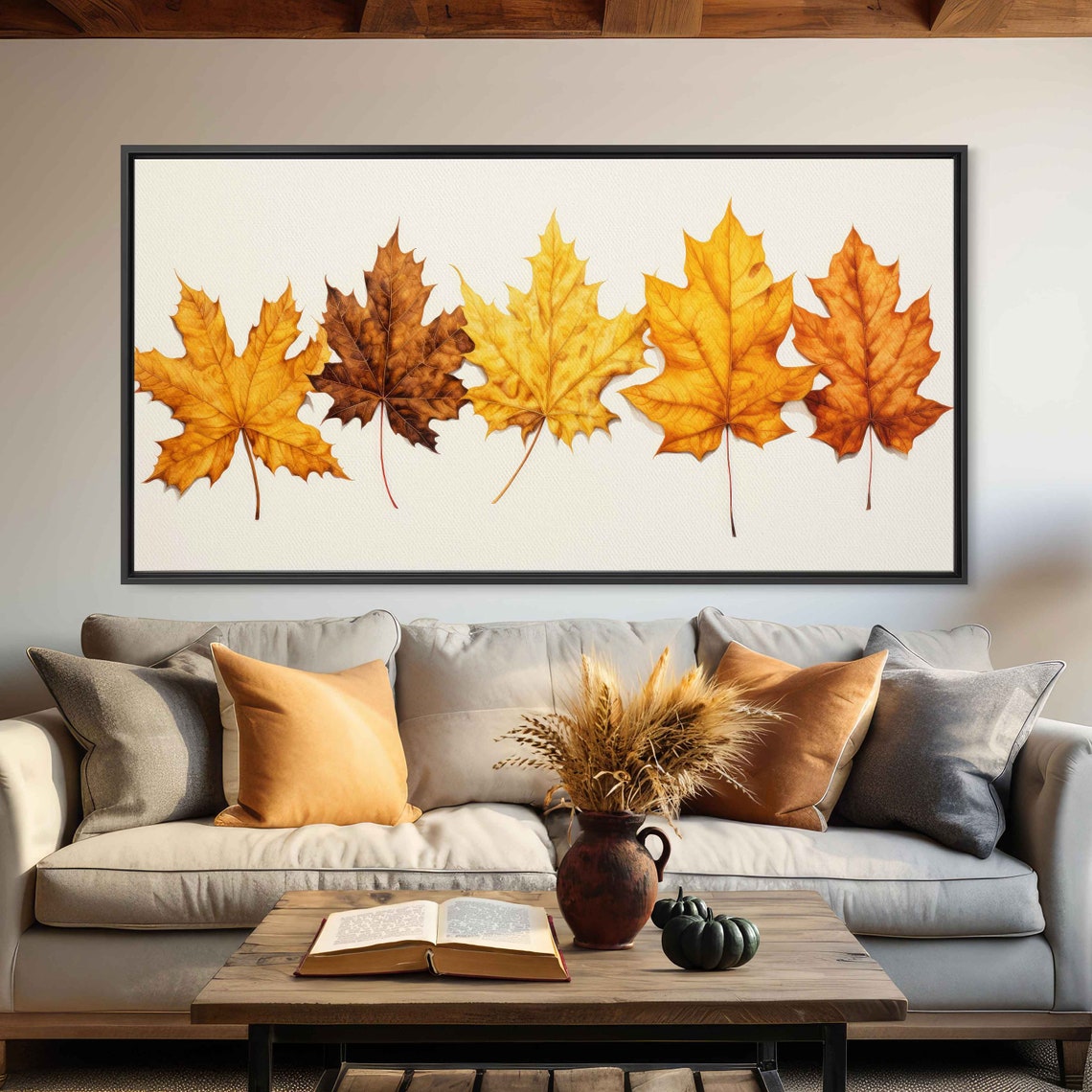 Five Autumn Maple Leaves Row On Off White Minimal Botanical Art Print - Image 2