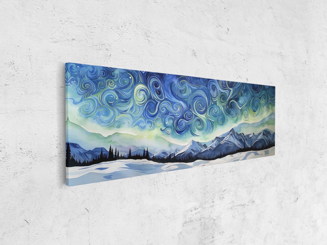 Swirling Starry Night Sky Watercolor Over Snowy Mountain Range Poster - Image 4