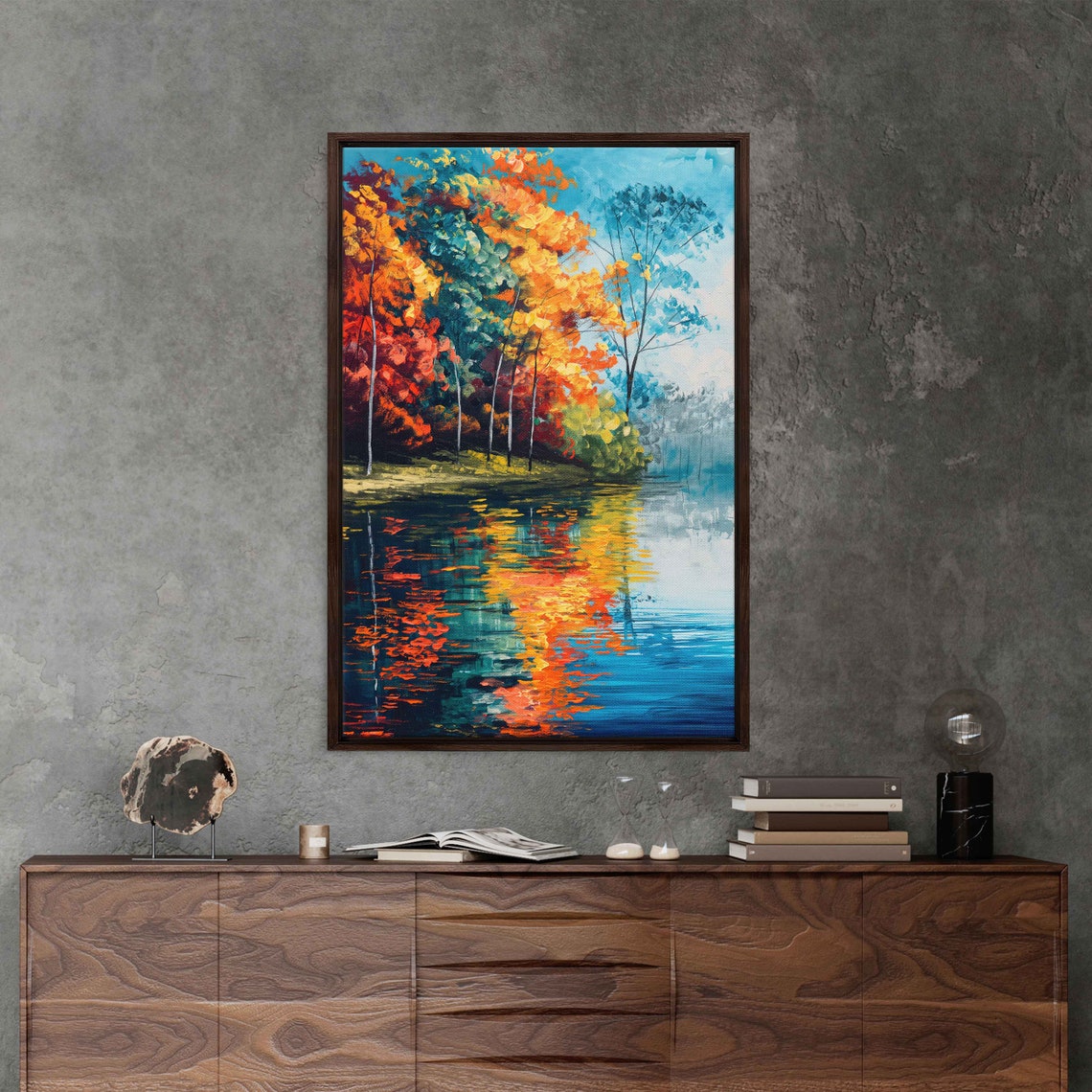 Colorful Autumn Trees Reflected In Blue Lake Acrylic Painting Poster