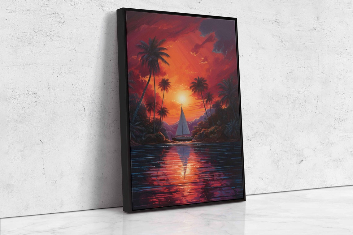 Sailboat On Tropical Lagoon At Sunset With Palm Trees Painting Poster - Image 4