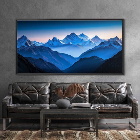 Himalayan Mountain Range Wall Art Print Stunning Snow Layers Vibrant Blues Golden Light