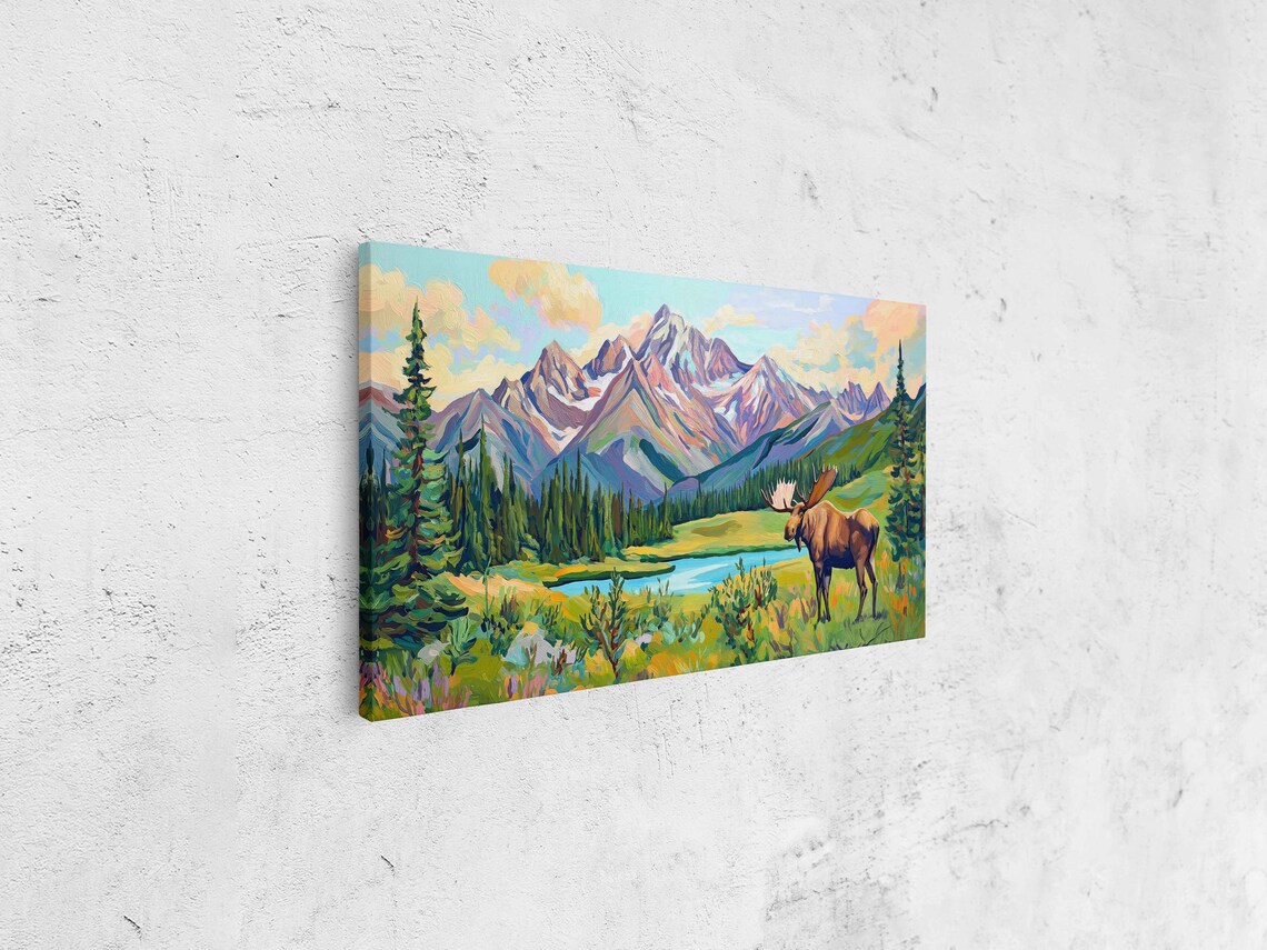 Colorful Moose Mountain Valley Lake Wildflowers Wildlife Art Poster - Image 4