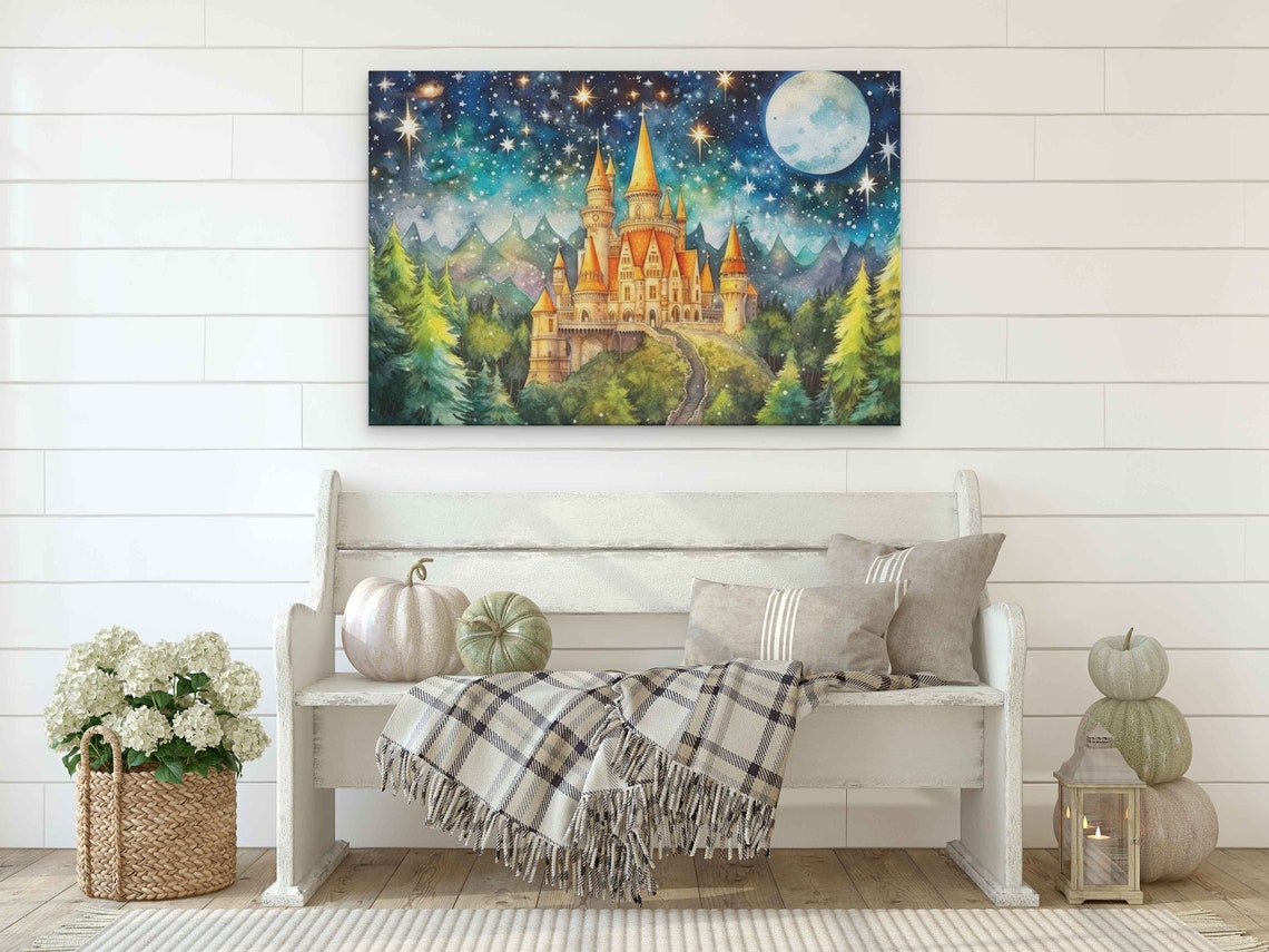 Golden Castle on Hill Full Moon Starry Night Pine Forest Wall Poster - Image 2