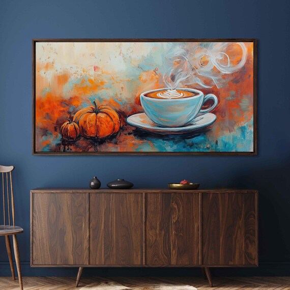 Steaming Turquoise Latte With Pumpkins Autumn Painting Art Print