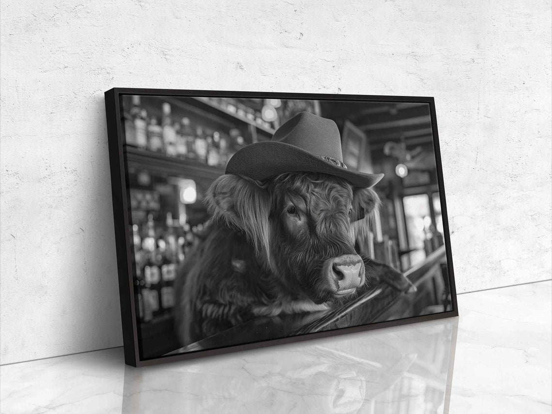 Highland Cow Cowboy Hat Bar Counter Black And White Photo Poster - Image 4