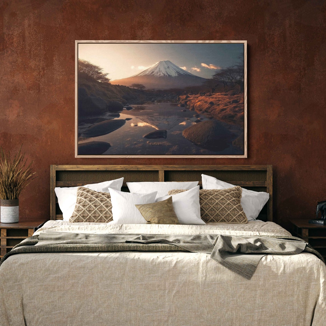 Mount Fuji Sunrise Golden Reflection Rocky River Japan Nature Poster