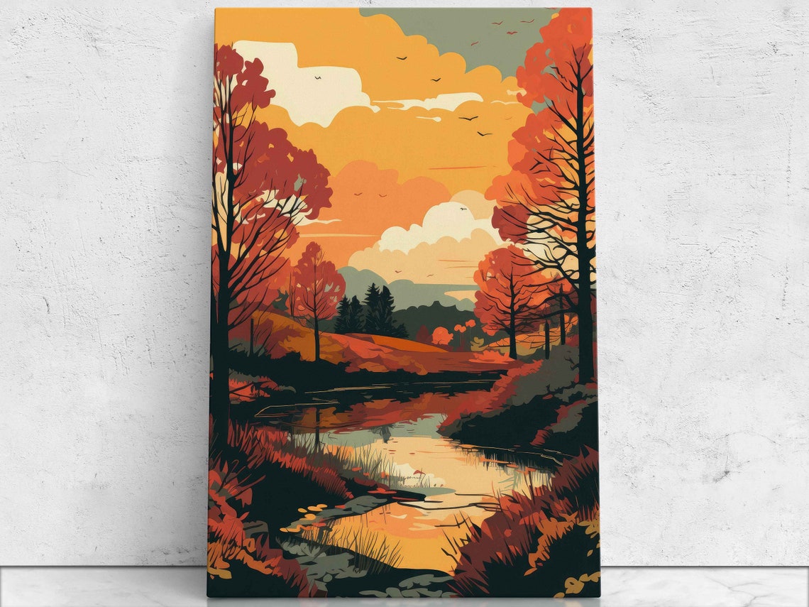 Autumn Sunset Pond Reflection Pop Art Landscape Painting Poster