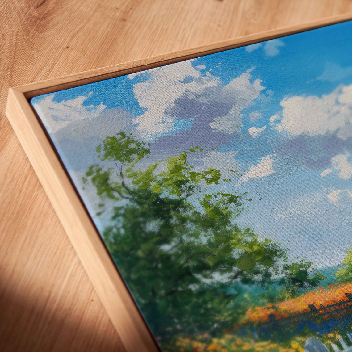 Red Barn Wildflower Meadow Fence Path Blue Cloudy Sky Farm Painting - Image 2