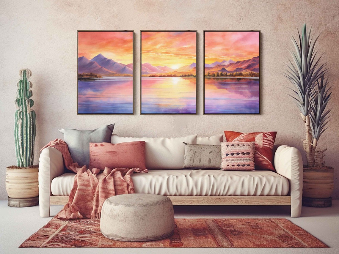 Mountain Lake Sunset Watercolor Triptych Colorful Panoramic View Print - Image 2