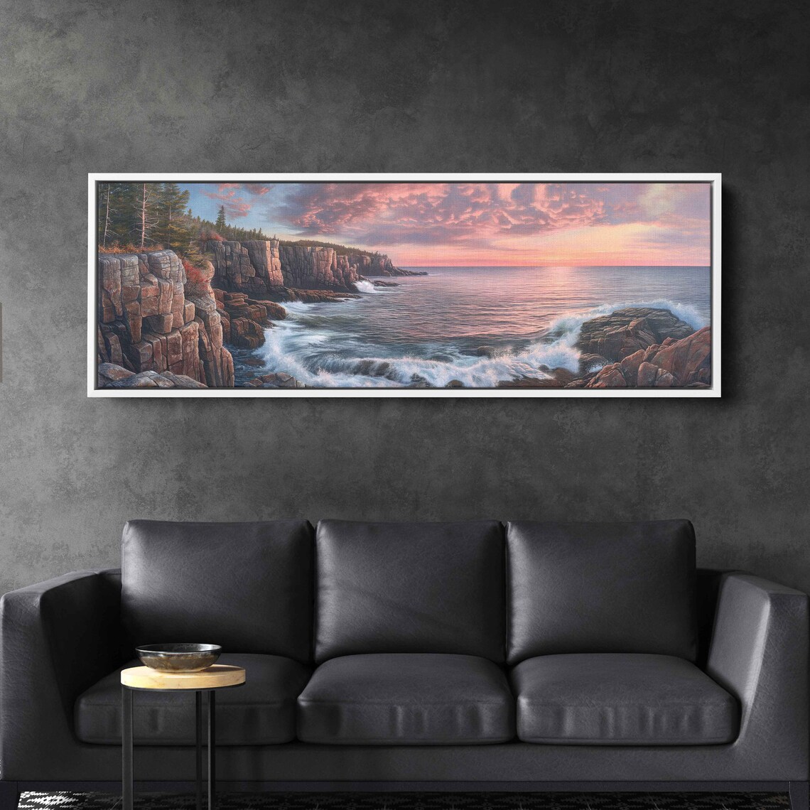 Rocky Cliff Coastline Crashing Waves Pink Sunset Panoramic Ocean Wall Poster - Image 3